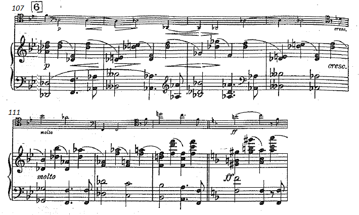 Şekil 15 Büyük 6 numarada çello senkoplar halinde oktav oktav inerek eģlik ederken piyano partisinde daha önce çellonun çalmıģ olduğu sadece dörtlüklerden oluģan ritmik motif dikkat çeker.