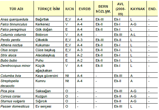 Tablo 8: Kuş Türleri Tablosu ERL: European Red List EVRD: European Vertabrate Red Data Book AVL (2008-09) : Merkez Av Komisyonu Kararı END: Endemizm KAYNAK A : Anket (Yöre Halkından Alınan Bilgiler)