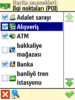 İlgi noktası (POI) ❶ Ana mönü de, Harita seçenekleri ❷ İlgi noktaları (POI) ❸ Tüm POI kategorilerinin bulunduğu bir liste gösterilir.