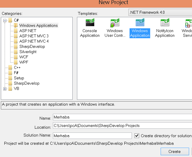 İlk Form uygulamamız Çalıştır C# ı, File New Project /Solution penceresinden Windows