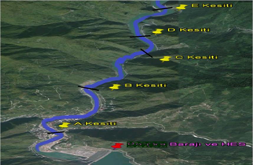 Şekil-2. Barajı mansabı akarsu yatağı kesitleri Grafik-1 Mansaptaki akarsu yatağının değişik kesitlerinde farklı hidrograf eğrileri 2.3.