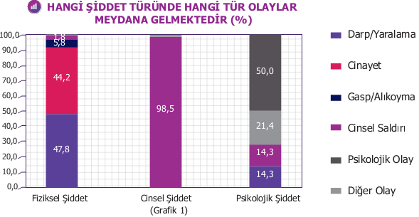 Araştırma Bulguları: Olaylar Olay türü: %33,3 ü Cinsel Saldırı, %30,9 u Darp/Yaralama, %28,6 sı Cinayet. Şiddet Türü: %64,6 sı Fiziksel Şiddet, %32,1 i Cinsel Şiddet, %3,3 ü Psikolojik Şiddet.