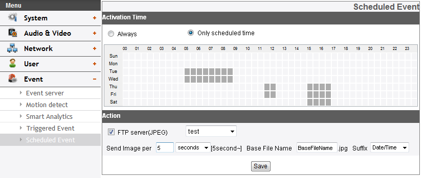 Scheduled Event Activation Time Action > > Always : Aktivasyon süresinden bağımsız olarak FTP sunucusu aracılığıyla her zaman kullanabilirsiniz.