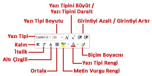 anda tmatik larak açılan mini araç çubuğudur.