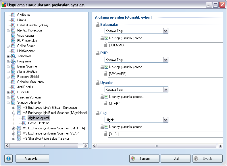10.3.7. Algılama_Eylemleri Algilama eylemleri alt ögesinde, tarama islemi sirasinda yapilmasi gereken otomatik eylemleri seçebilirsiniz.