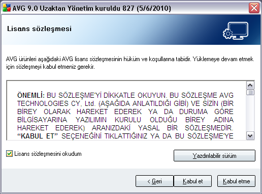 2.4. Lisans Sözleşmesi Bu iletisim kutusu penceresi AVG Internet Security Business Edition lisans sözlesmesinin tam metnini içerir.