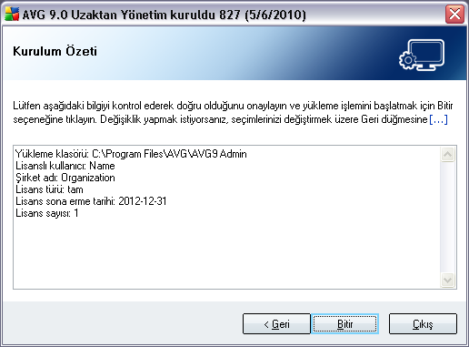 2.9. Yükleme Özeti Bu iletisim kutusu seçili tüm parametrelerin bir listesini sunar. Yüklemeye devam etmek için, Bitir dügmesine basin. 2.10.