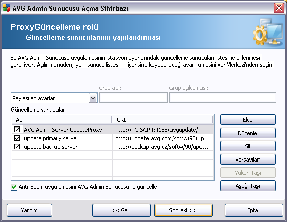 Bu iletisim kutusunda, geçerli olarak dagitilan AVG Admin Sunucusu URL'sini istasyon ayarlari için uygun güncel sunucular listesine ekleme seçeneginiz bulunur.