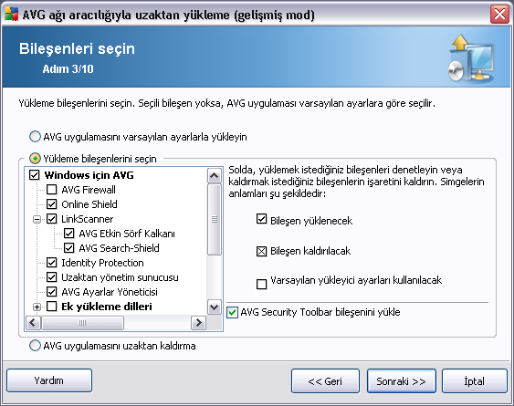 Bu adimda, AVG programini varsayilan ayarlarla yüklemek isteyip istemediginizi de seçebilirsiniz veya özel bilesenleri seçebilirsiniz.