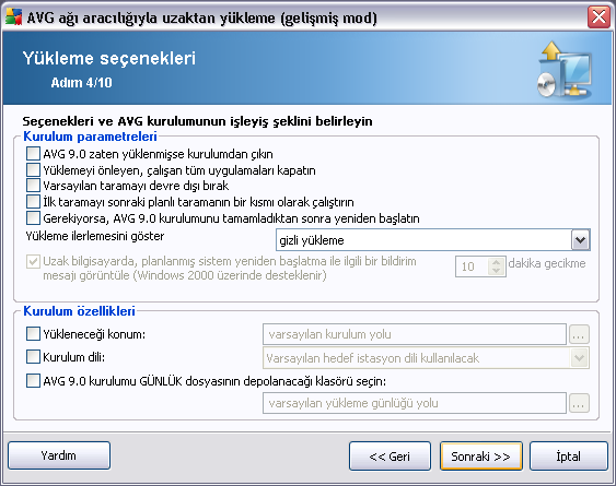 Kurulum parametreleri kisminda asagidaki seçeneklerden birini seçebilirsiniz: AVG 9.0 zaten yüklüyse kurulumdan çik - uzaktan yönetim AVG 9.0 zaten hedef istasyonda varsa ilerlemez.