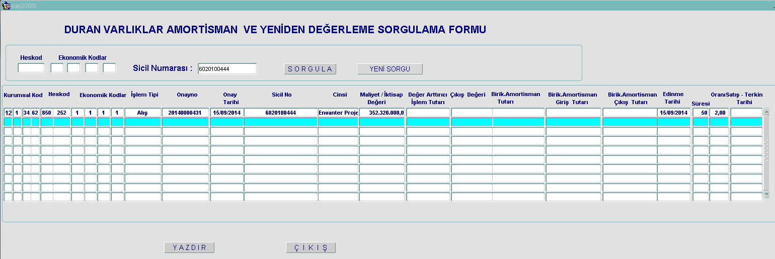 Envanter Giriş ekranında muhasebe kayıtlarına alınmış olan limitüstü bir herhangi bir taşınmaz taşınmaz sicil numarasıyla