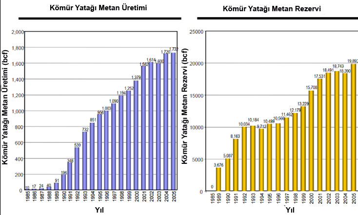 metan üretimi önemli düzeyde artmıştır. ABD de doğal gaz üretiminin %10 u kömür kökenli metandan elden edilen gaza dayanmaktadır (Jessen vd., 2007). Şekil 13.