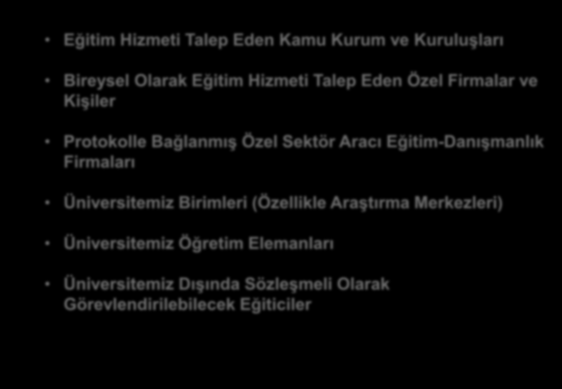 HÜSEM İN PAYDAŞLARI Eğitim Hizmeti Talep Eden Kamu Kurum ve Kuruluşları Bireysel Olarak Eğitim Hizmeti Talep Eden Özel Firmalar ve Kişiler Protokolle Bağlanmış Özel Sektör Aracı