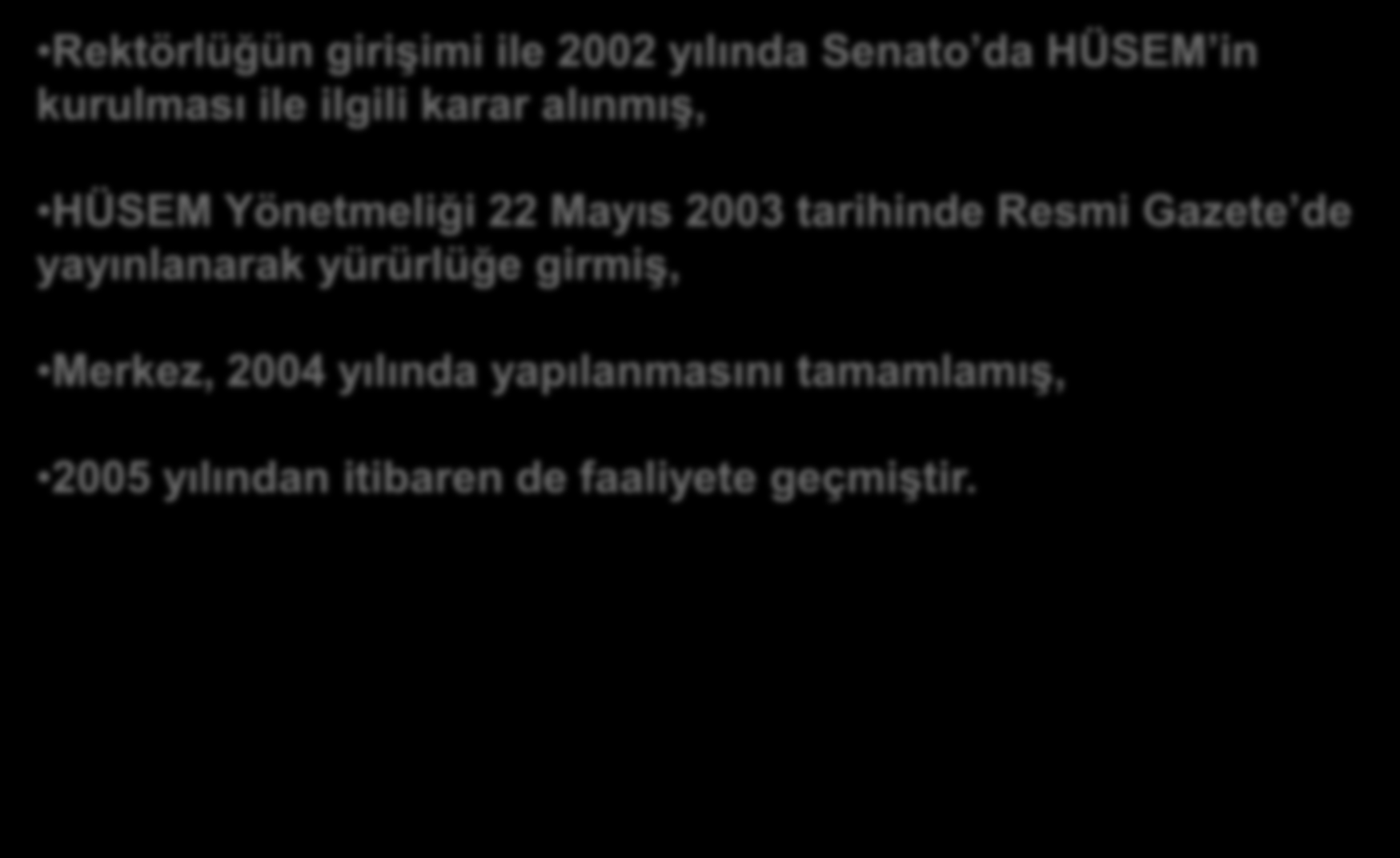 HÜSEM İN KURULUŞU Rektörlüğün girişimi ile 2002 yılında Senato da HÜSEM in kurulması ile ilgili karar alınmış, HÜSEM Yönetmeliği 22 Mayıs 2003