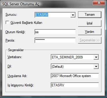 SQL Server Oturum Aç ekranında sunucu adı, oturum kimliği ve parola yazılarak (sa ve şifresi) veritabanı bölümünden de bağlanılmak istenen şirket veritabanı