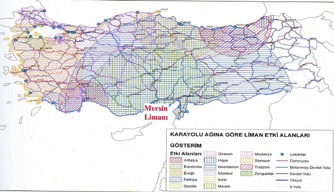 Karayolu ağı açısından Mersin Limanının etki alanında; Mersin, Adana, Konya, Karaman, Kahramanmaraş, Aksaray, Niğde, Nevşehir, Kırşehir, Kırıkkale, Kayseri, Kilis, Hatay, Osmaniye, Yozgat illeri