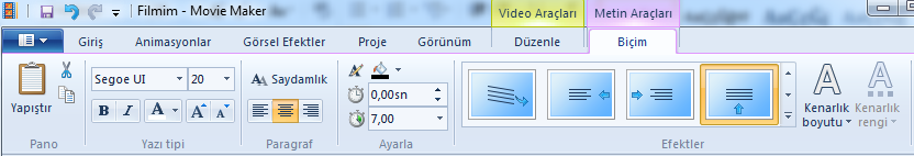 Movie Maker Kullanım Kılavuzu6 Jenerik Simgesi Metin Araçları Ekran Görüntüsü Biçim sekmesinde yer alan 5 bölümü (Pano, Yazı Tipi, Paragraf, Ayarla, Efektler) kullanarak yapmak istediğimiz jeneriği