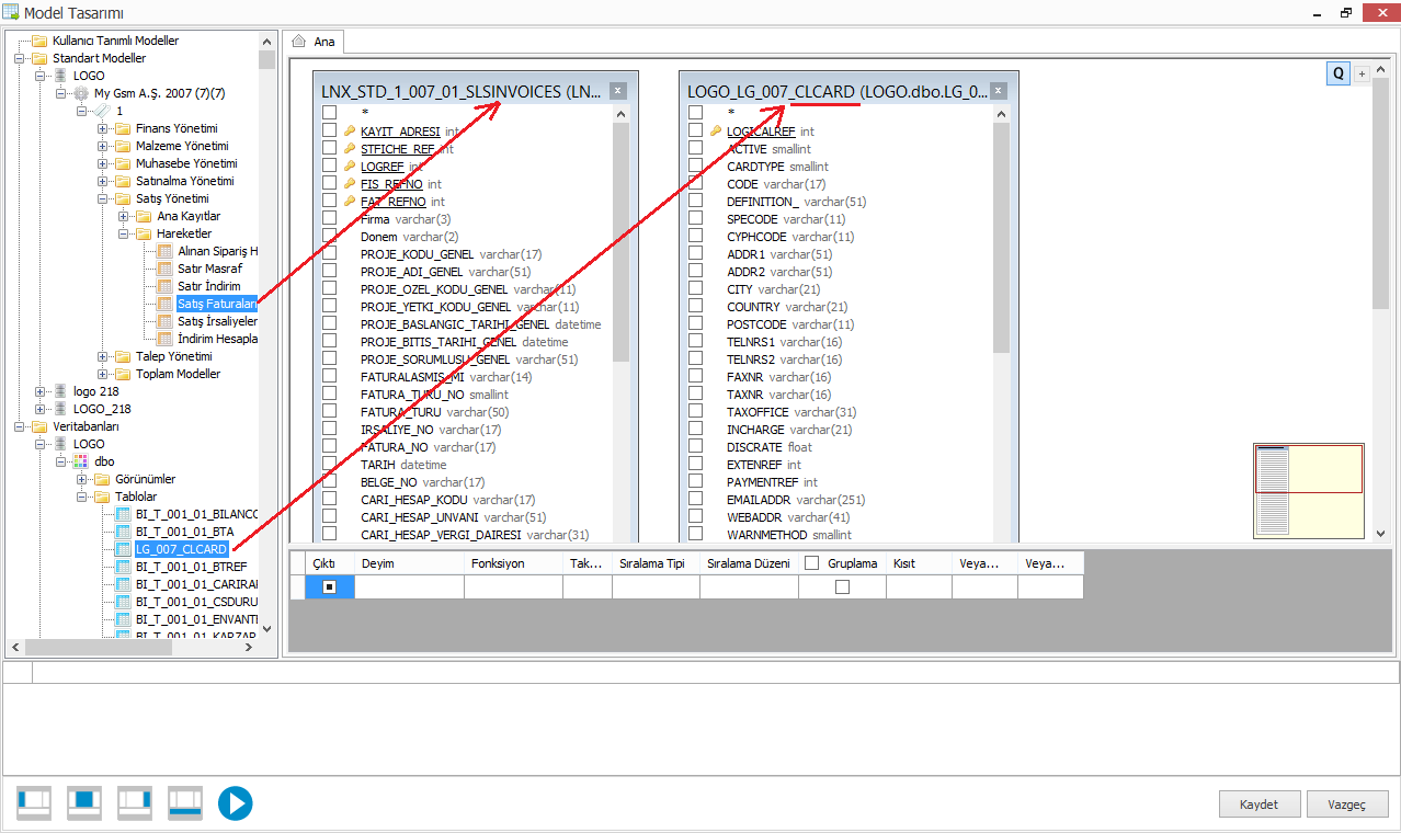 Örnek-1 Satış Faturaları Modelinde eksik olan Đlçe bilgisini, Logo Model ve Logo Tablosu Eşleştirmesi ile ekleyerek kendi modelimizi oluşturalım.