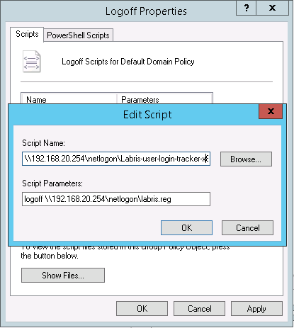 b. Logoff (Oturum kapat) ayarları açılır ve add denir. Logon ayarlarındaki gibi Labris-user-login-tracker-x86.exe seçilir ve script parametreleri yazılır.