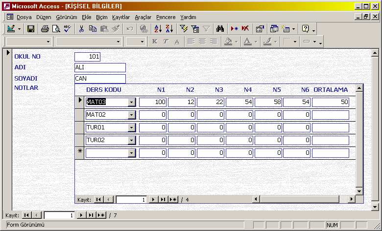 .alt Form İçeren Formun Kullanımı Ana formun Ana formda bir öğrencinin okul numarası, adı ve soyadı görünürken alt formda bu öğrencinin aldığı tüm dersler ve bu derslere ait notları girilebilir ve