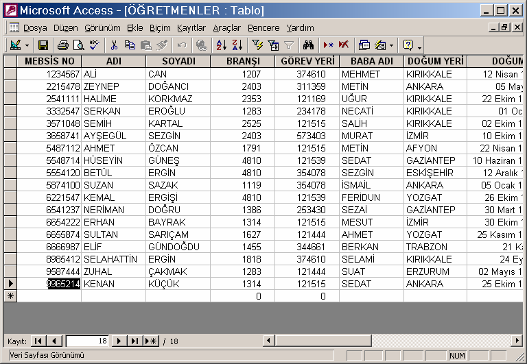 TABLOYA KAYIT GİRMEK Access tablolarına bilgi girişi doğrudan tablodan yapılabilir. Bunun için bilgi girilecek tablo seçilip Aç düğmesine basılır. Tabloda her satır ayrı bir kayıt tutar.