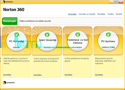 8 Başlangıç Ana pencerede gezinme Ana pencerede gezinme Norton 360 uygulamasını başlattığınızda ana pencere açılır.