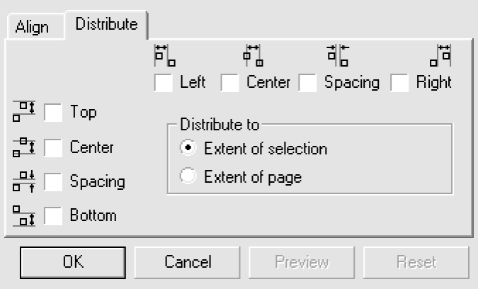 69 ġekil 12.2 : Distribute Mönüsü ġekil 12.2 de görüldüğü gibi Distribute penceresi, nesnelerin yatay veya dikey olarak dağıtılması için onay kutuları içermektedir.
