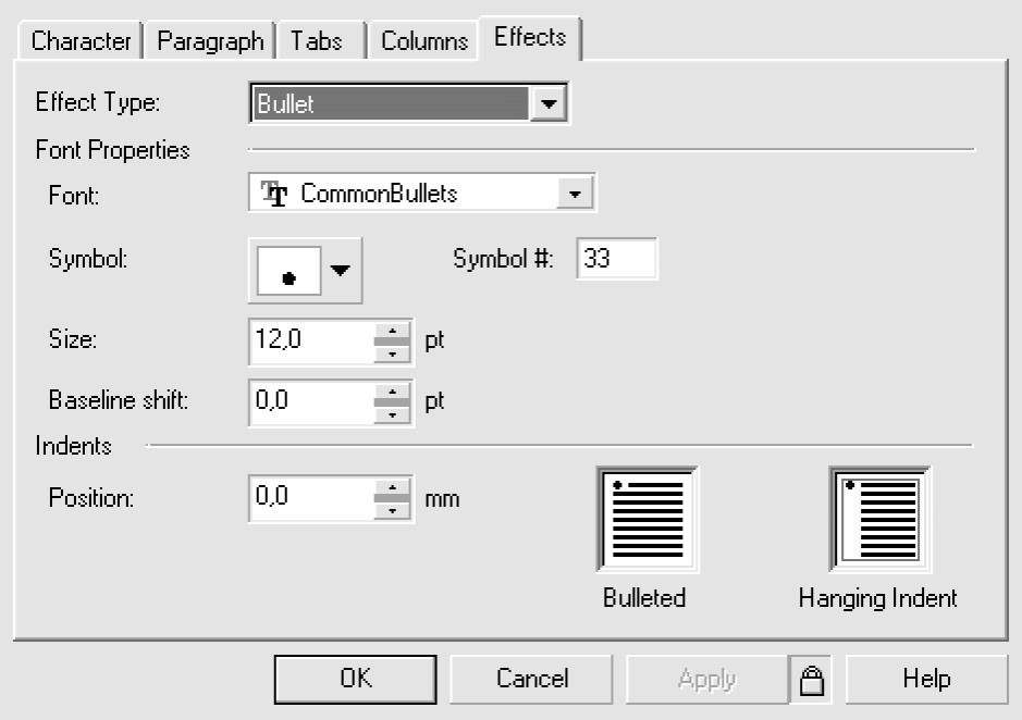 76 13.3.5 Effects Format Text iletiģim kutusunda bulunan son sekme Effects bölümüdür (ġekil 13.7). Madde imleri ve drop cap lar ler oluģturulmasını sağlar.