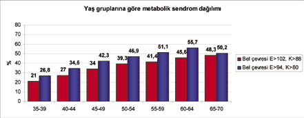 K Z Grafik 12. Yaş gruplarına göre metabolik sendrom sıklığı (N=2.312) Grafik 13. Yaş gruplarına göre metabolik sendrom sıklığı (N=4.