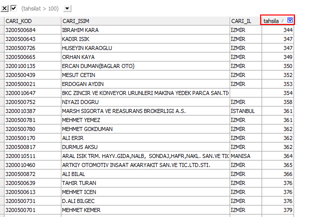 2.5.5. Gösterge görünüm TBLCASABIT tablosundan bir rapor açılır. Rapora cari kodu, cari ismi ve cari ili eklenir.