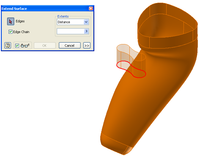 Bunun için Inventor panelinden Extend Surface komutunu çalıştırın. 3. Aşağıda gösterilen yüzey kenarını işaretleyin. 4.