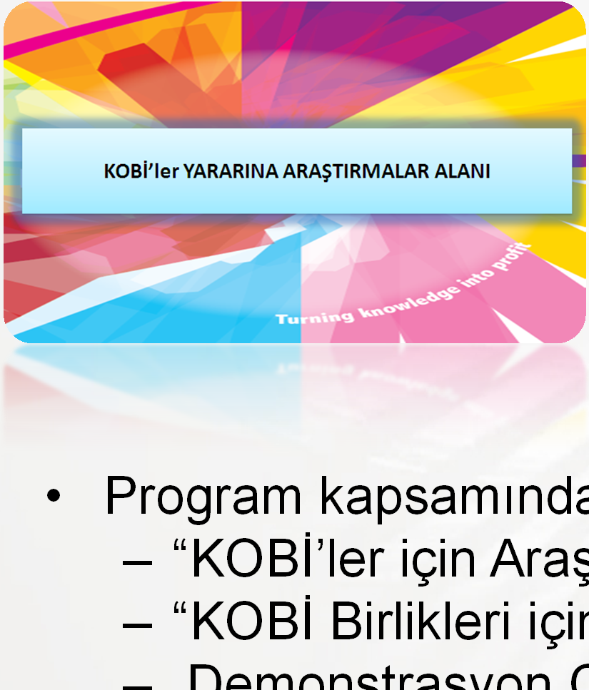 KOBİ ler Yararına Araştırmalar Programı KOBİ lerin Ar-Ge kapasitesini geliştirme Konu sınırlaması yok!