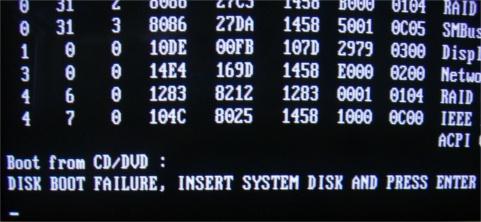 Disk boot failure, insert system disk and press enter (Disk başlatma başarısız, Sistem diskini yerleştirin ve "Enter" tuşuna basın) Sistem açılışı yapmak için işletim sistemini bulamıyor.