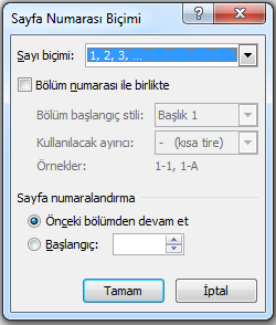 Sayfa numarasının biçimi değiştirilebilir. Sadece sıralı rakam değil, büyük/küçük harf veya Romen rakamı da kullanılabilir.