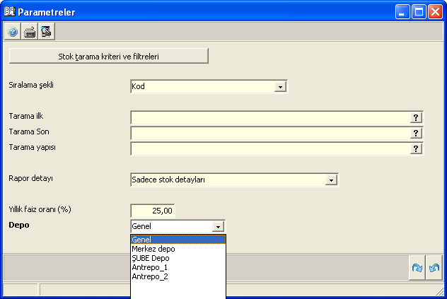 Bu rapor dönemsel stok hareketlerinin hareket cinslerine göre miktar ve tutar olarak dağılımını listelemektedir. Programa girdiğinizde rapor parametreleri ekranı ile karşılaşırsınız.