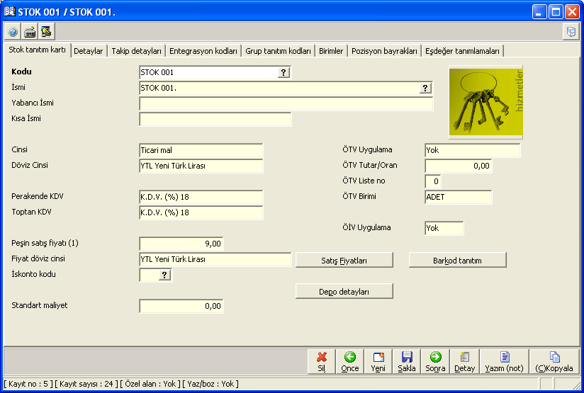 F10 pencerelerinde INSERT tuşu: Series9000 programlarının stok, hizmet, cari tanıtım kartlarının (müşteri, satıcı, diğer cari vb.