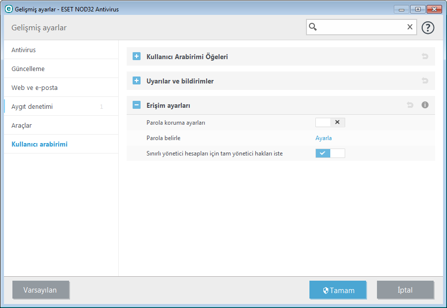 4.5.4 Erişim ayarları ESET NOD32 Antivirus ayarları, güvenlik politikanızın önemli bir parçasıdır.