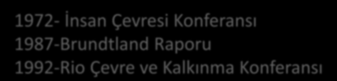 1972- İnsan Çevresi Konferansı 1987-Brundtland Raporu 1992-Rio Çevre ve Kalkınma Konferansı Haziran 1972- Stockholm de gerçekleştirilen İnsan Çevresi Konferansı Bu konferansın ardından sürdürülebilir