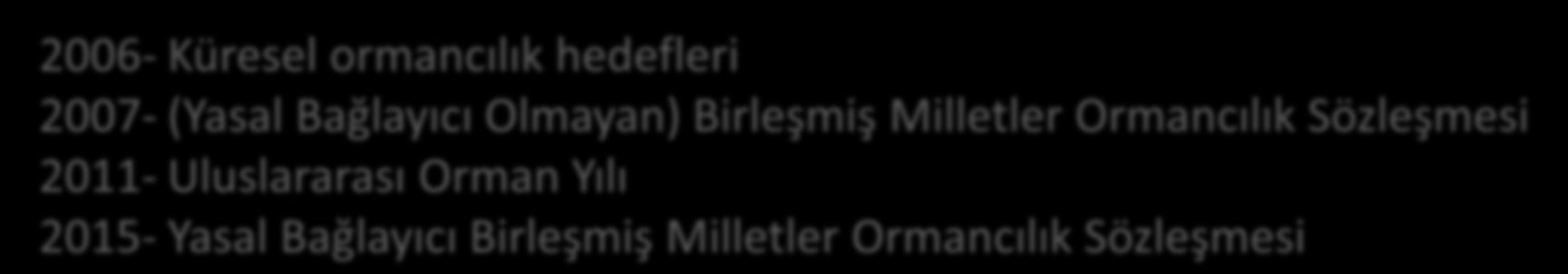 2006- Küresel ormancılık hedefleri 2007- (Yasal Bağlayıcı Olmayan) Birleşmiş Milletler Ormancılık Sözleşmesi 2011- Uluslararası Orman Yılı 2015- Yasal Bağlayıcı Birleşmiş Milletler Ormancılık