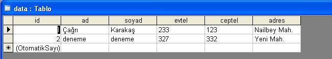 Veri tabanımızı inceleyecek olursak; İd numarası, ad, soyad, ev telefonu, cep telefonu ve adres şeklindeki kayıtları tutabilecek şekilde veri tabanımızı hazırlıyoruz.