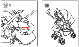 Bebek arabasını katlamadan önce tutma sapları kesinlikle birbirine bağlı / birleştirilmiş konumda olmamalıdır (Resim59B). UYARI! Bebek arabası ASLA tutma sapları birbirine bağlı iken katlanmamalıdır.