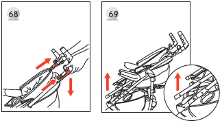 Arabayı katlamadan önce ön tekerler arasındaki mandalı yukarı kaldırıp tekerlekleri sabitleyiniz (Resim 61).