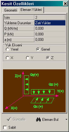 ELEMAN YÜKLERİ KESİT ÖZELLİKLERİ kutusunun ikinci sekmesi ELEMAN YÜKLERİ ne aittir.
