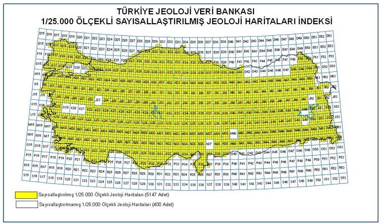 Jeoloji Etütleri Dairesi BaĢkanlığı (Coğrafi Bilgi Sistemleri Birimi) Türkiye Jeoloji Veri Tabanı (TJVT) 5547 adet olan 1/25.000 ölçekli paftadan 5147 adet 1/25.