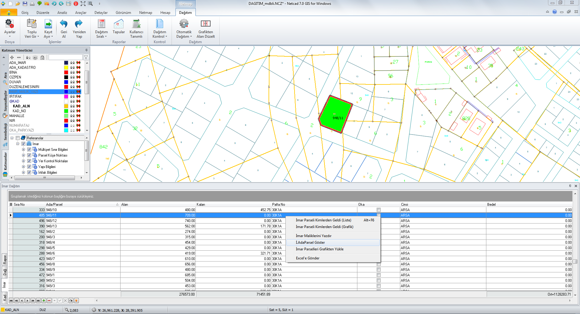 Netmap 6 Imar I.AdaParsel Göster İ.AdaParsel Göster Seçili imar ada parselini ekranda tematik olarak göstermeye yarayan işlemdir.