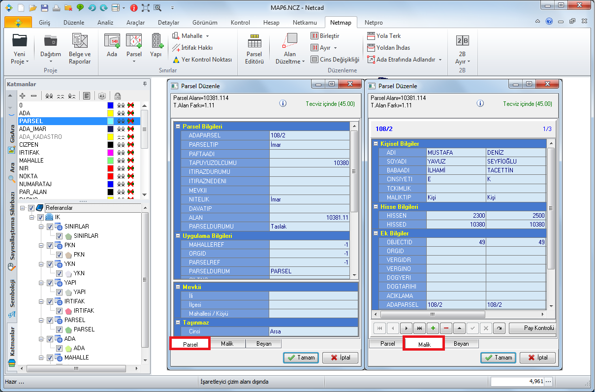 Veri tabanı olmadığı (IK) durumlarda parsel ve malik