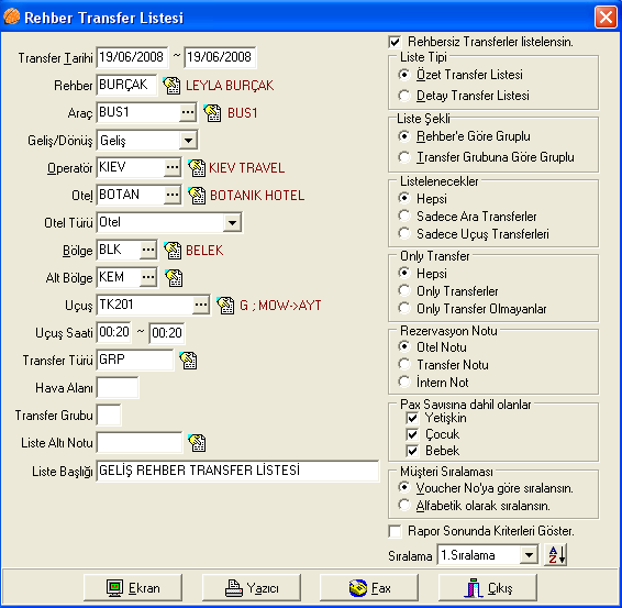 Şekil 2.3: Uçak müşteri dönüş listesi 2.1.3. Rehber Transfer Listesi-Geliş Listesi Çıktısı Alma Listeyi alabilmek için Rehber Transfer Listesi ekranının sol bölümünde kriterlerden listesini alınmak istenenler seçilir.