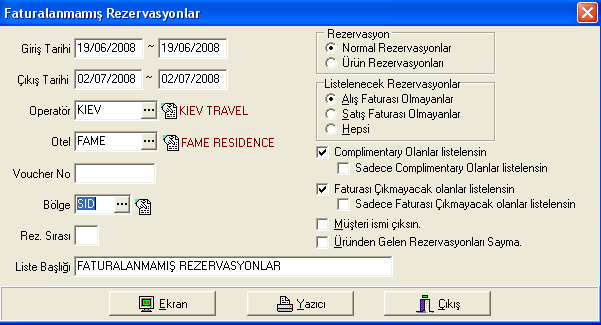 Şekil 2.9: Fatura karşılaştırma listesi şekli 2.2.4. Faturalanmamış Rezervasyonlar Listesi Çıktısı Alma Bu listeden sistemde henüz faturalanmamış rezervasyon olup olmadığı takip edilir.