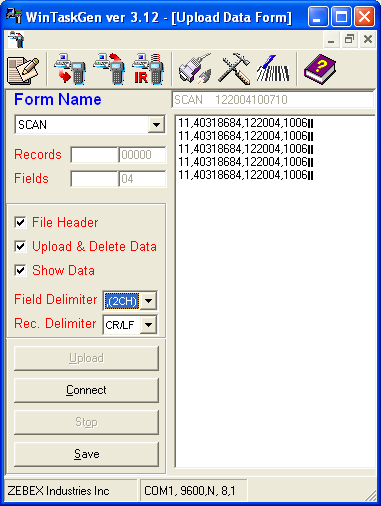 Upload Ekranı Z 1060 Taşınabilir Data Terminalinden veri alma Bu yöntem Z-1060 a yüklü herhangi bir formda kayıtlı veriler WintaskGen Ver:3.12 programı aracılığı ile bilgisayara alınmasınıdır.