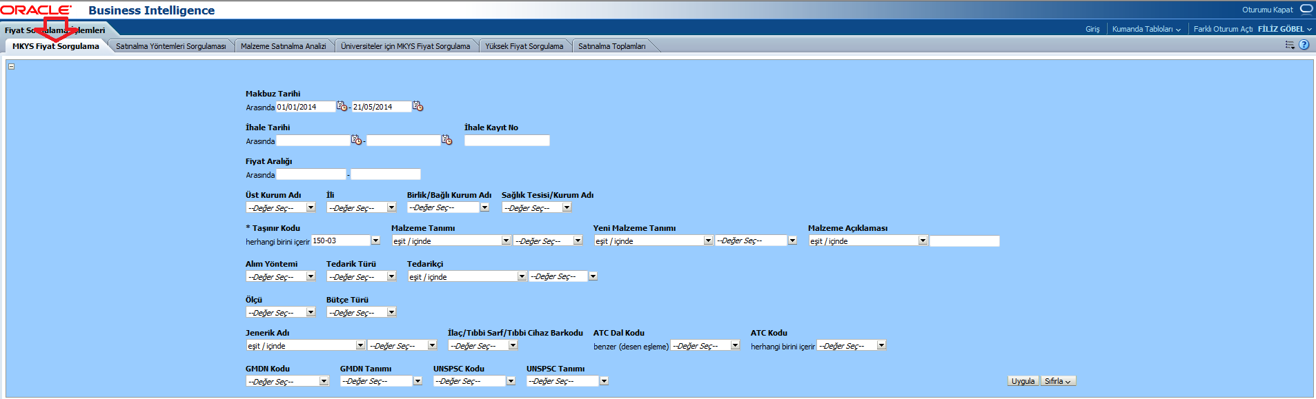 MKYS FİYAT SORGULAMA EKRANI Şekil 3: MKYS Fiyat Sorgulama Bölmesi TANIMLAMALAR Makbuz Tarihi : Gelen ürünlerin fatura tarihi İhale Tarihi : İlgili ürünlerin alındığı ihalenin yapıldığı tarihi İhale